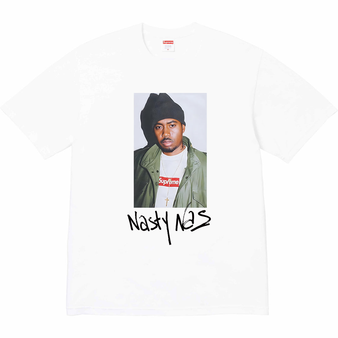 White graphic T-shirt with portrait panel and Nasty Nas text print
