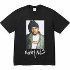 Black graphic T-shirt with portrait panel and Nasty Nas text print