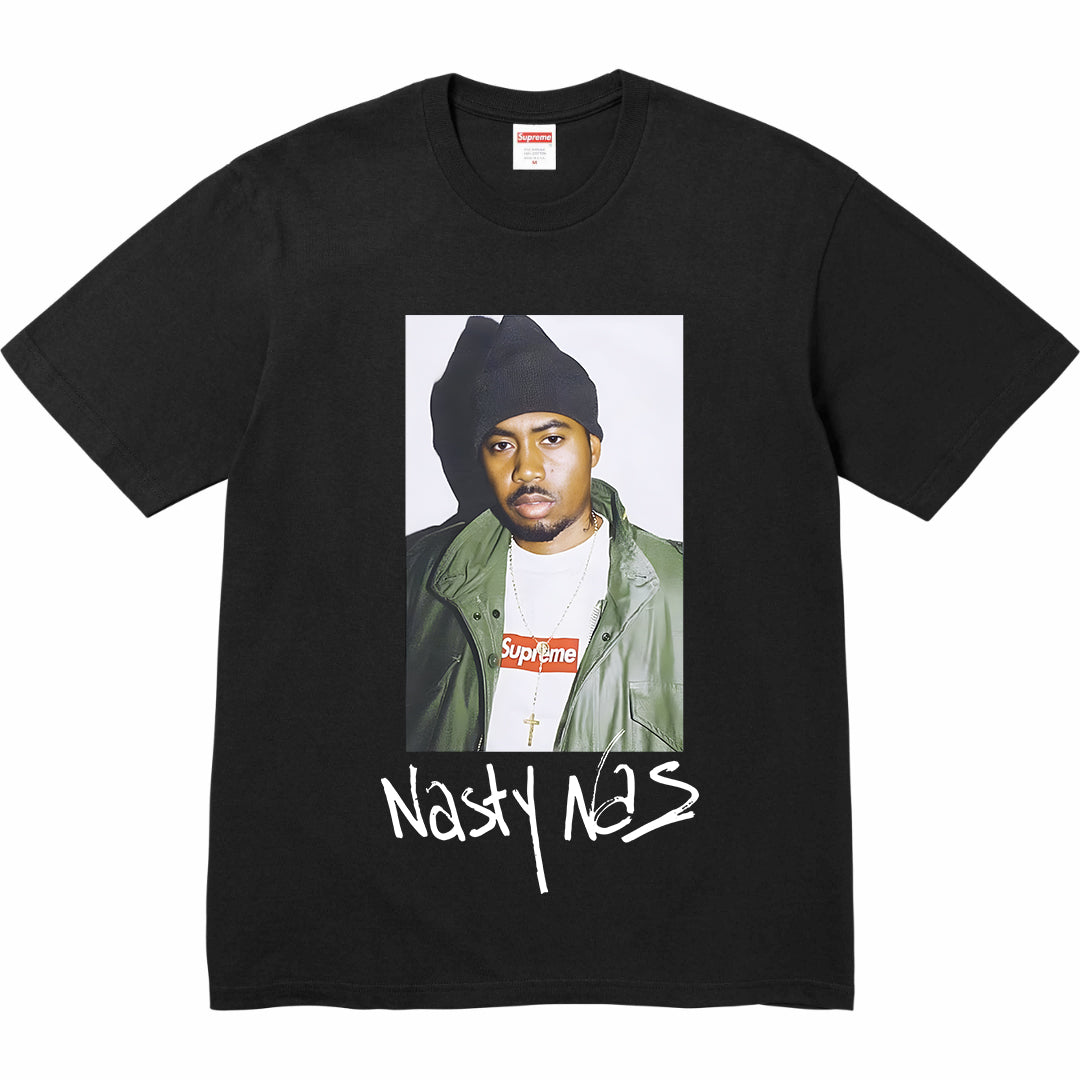 Black graphic T-shirt with portrait panel and Nasty Nas text print