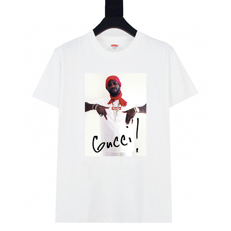 Stussy white graphic T-shirt with red portrait and 'Gucci' text