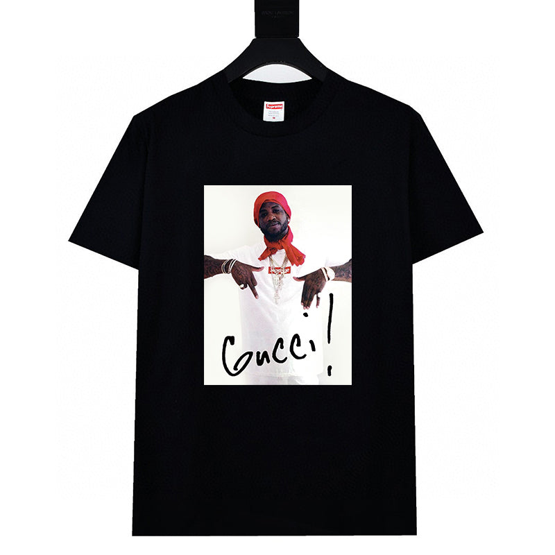 Stussy black graphic T-shirt with 'Gucci' portrait print