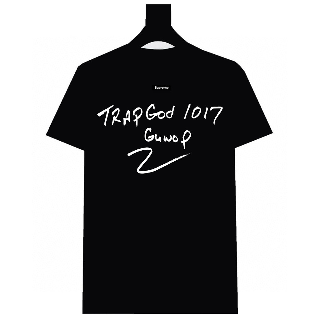 Stussy black T-shirt with back text 'Trap God 1017' and 'GunvoP'