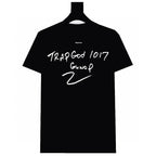 Stussy black T-shirt with back text 'Trap God 1017' and 'GunvoP'