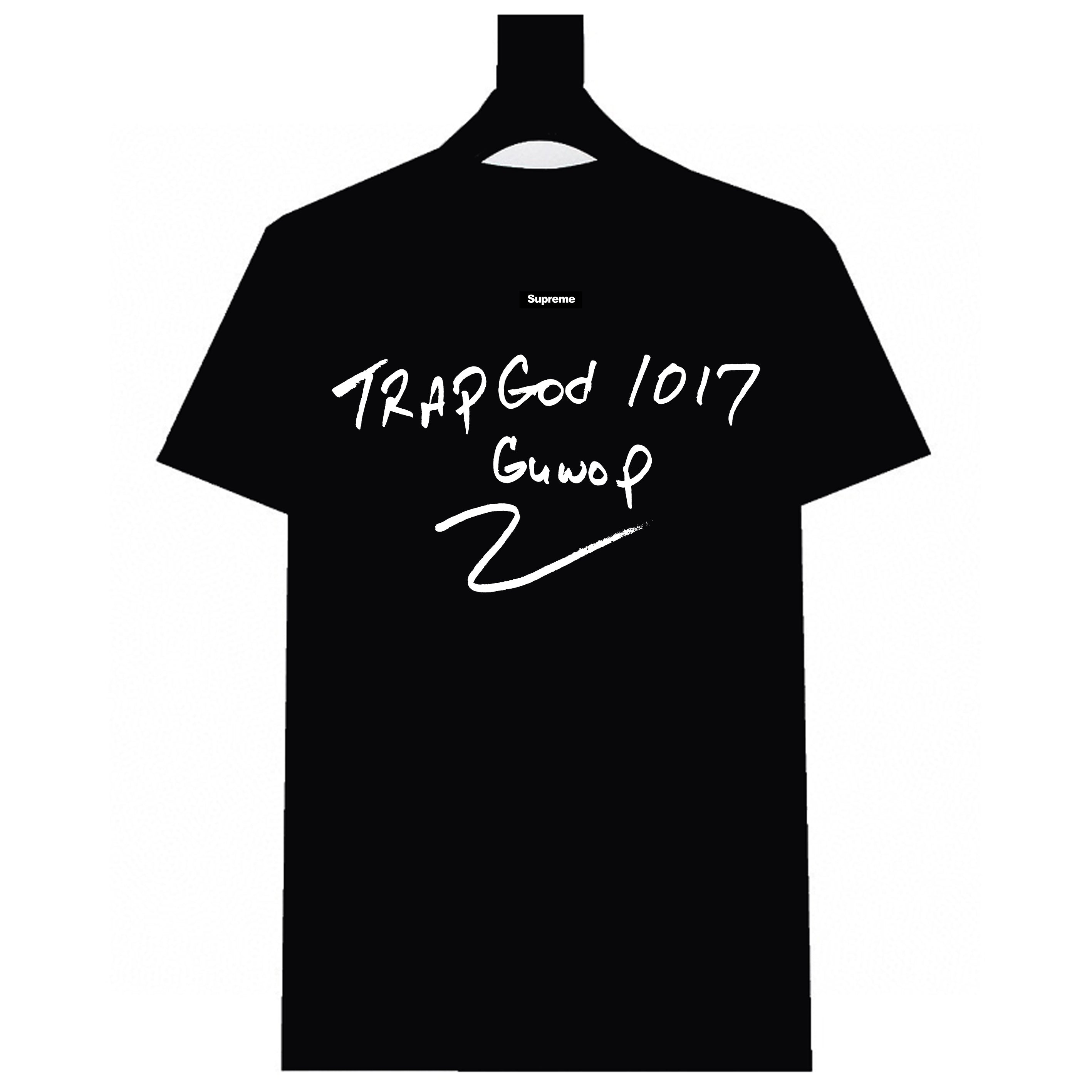 Stussy black T-shirt with back text 'Trap God 1017' and 'GunvoP'