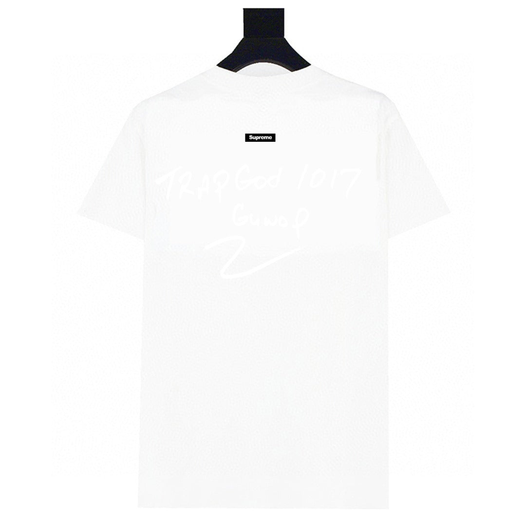 Stussy white T-shirt back with small 'Supreme' logo and faint graphic text