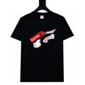 Black crewneck T-shirt with red “Supreme” graphic and hand print