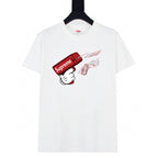 White crewneck T-shirt with red “Supreme” graphic and hand print
