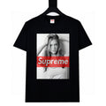 Black short-sleeve T-shirt with photo graphic and red Supreme logo band