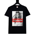 Black short-sleeve T-shirt with photo graphic and red Supreme logo band