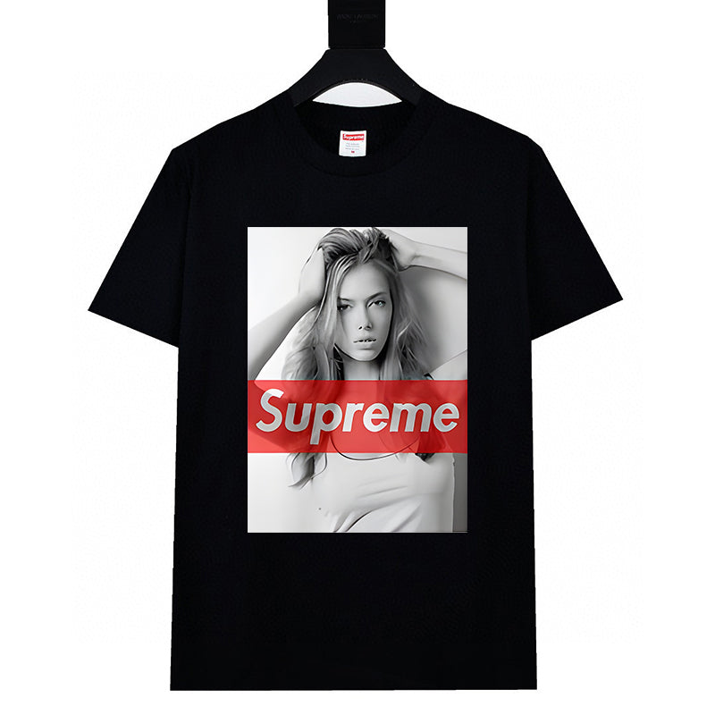 Black short-sleeve T-shirt with photo graphic and red Supreme logo band