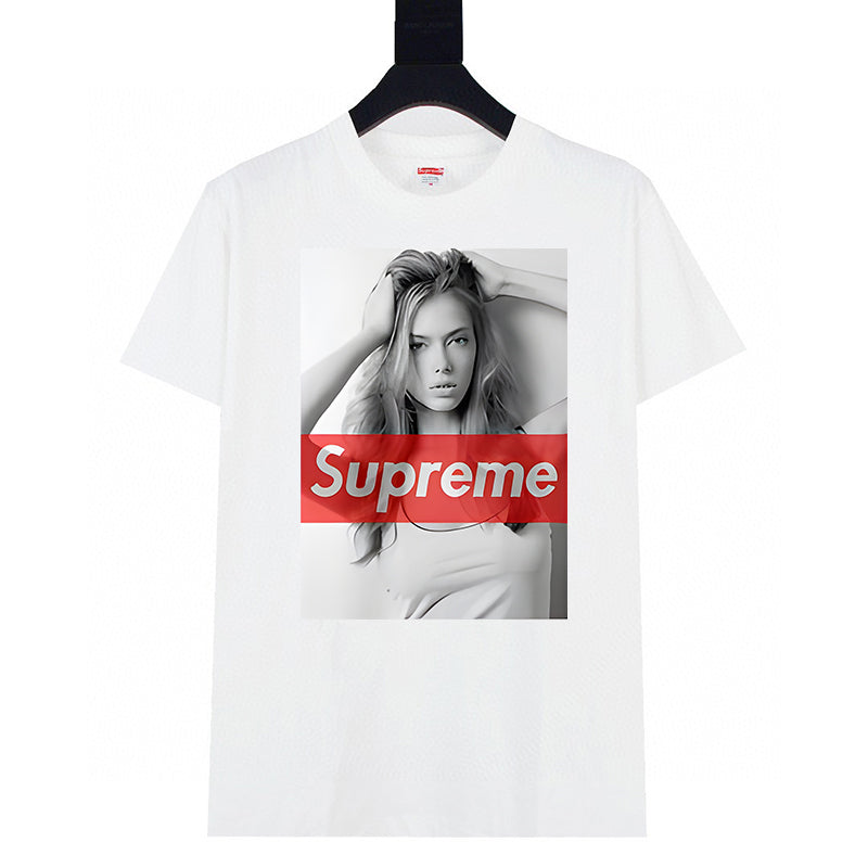 White short-sleeve T-shirt with photo graphic and red Supreme logo band