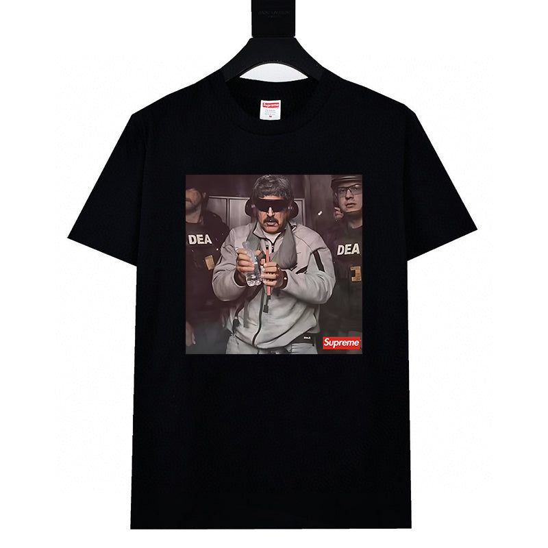 Black graphic T-shirt with crew neck and short sleeves