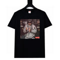 Black graphic T-shirt with crew neck and short sleeves