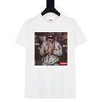 White graphic T-shirt with crew neck and short sleeves