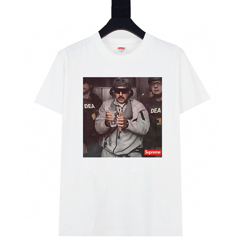 White graphic T-shirt with crew neck and short sleeves