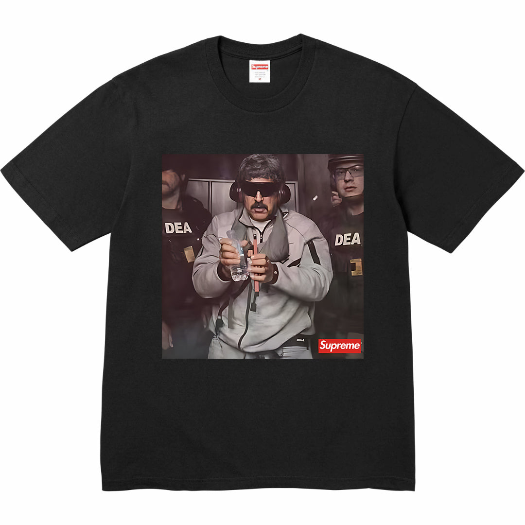 Black graphic T-shirt with front photo print and Supreme label at bottom right