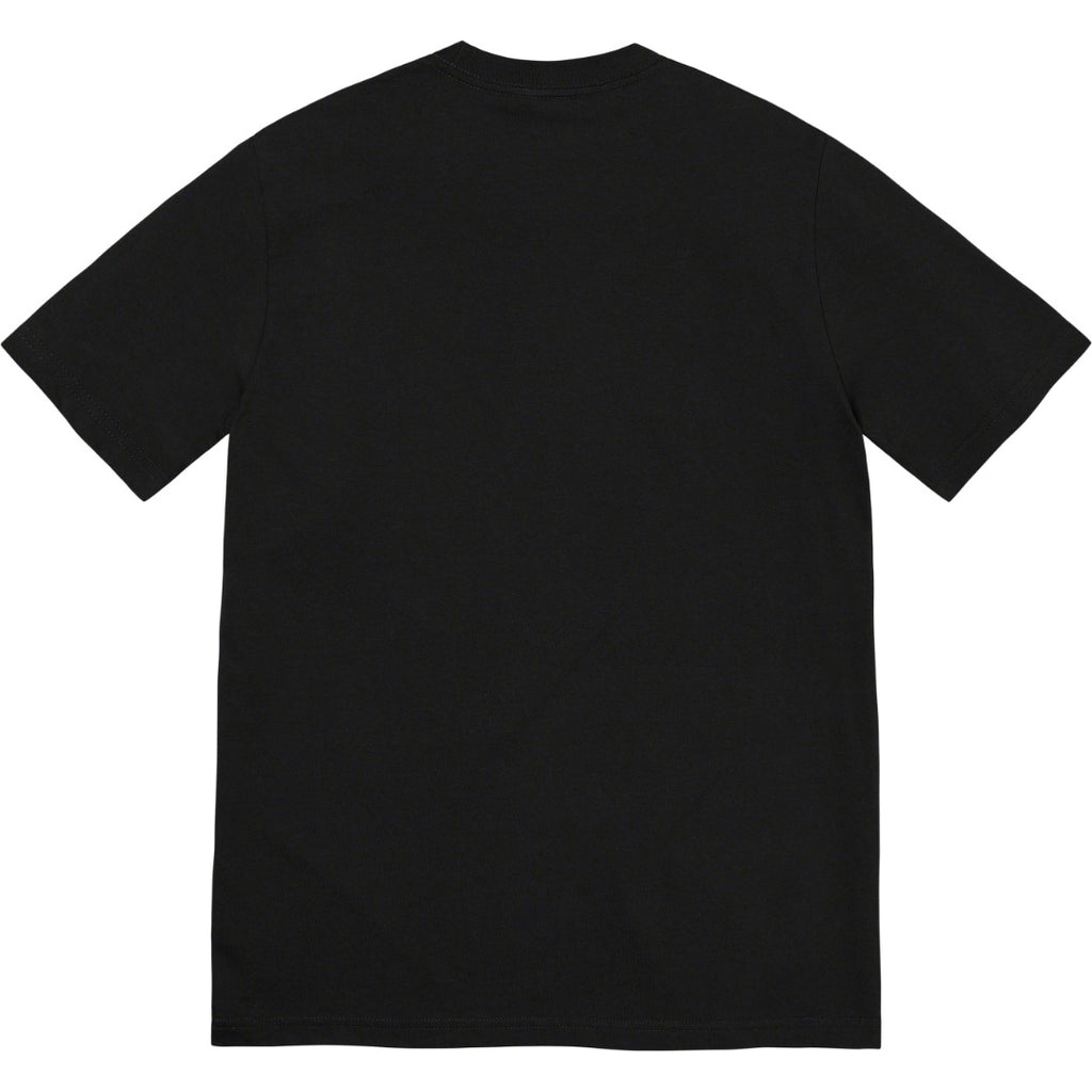 Black T-shirt with crew neck and short sleeves, plain back view
