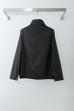 Prada long jacket back view with stand collar and snap-button hem