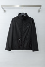 Prada long jacket in dark black with stand collar and front zipper