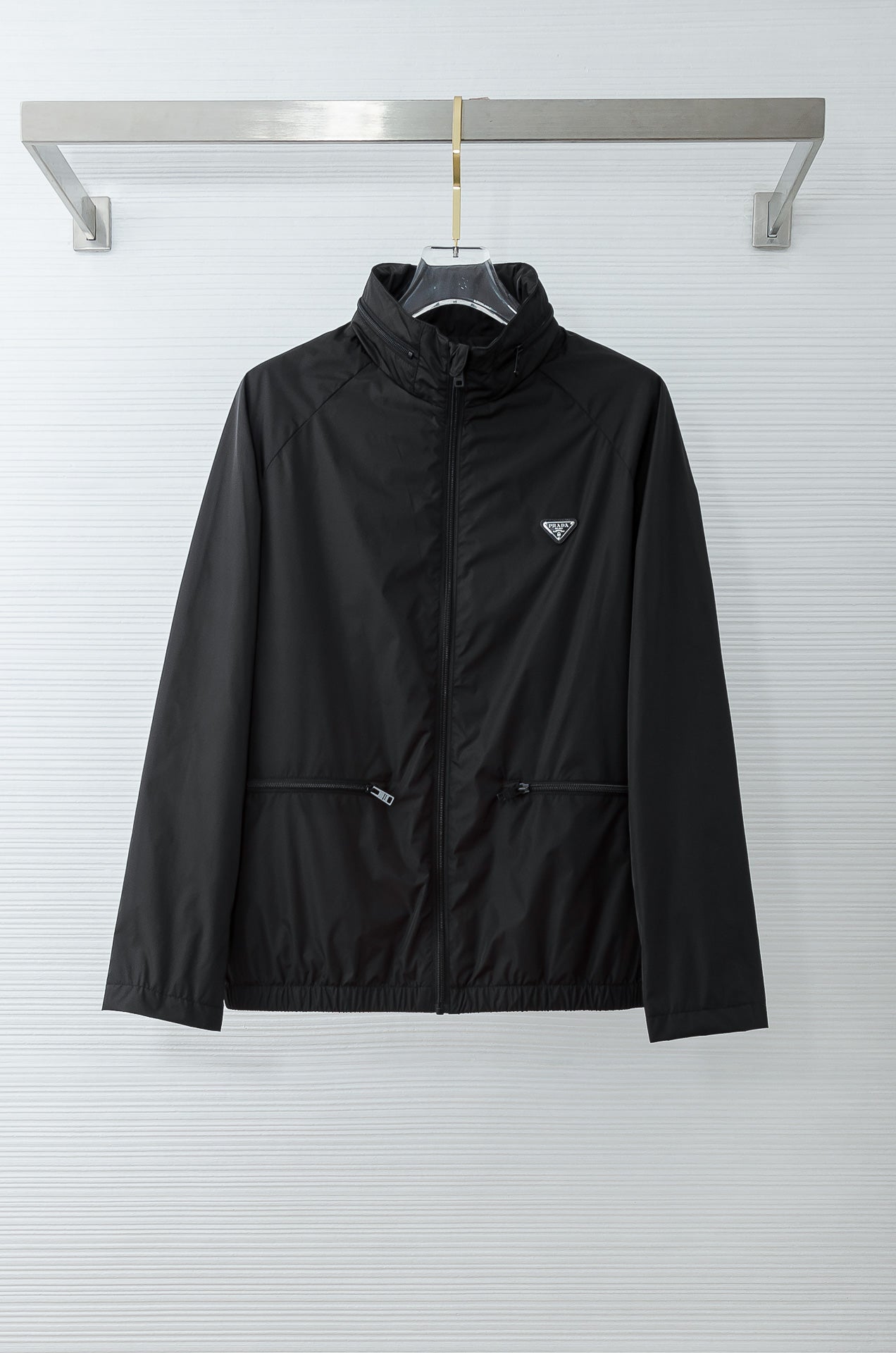 Prada long jacket in dark black with stand collar and front zipper