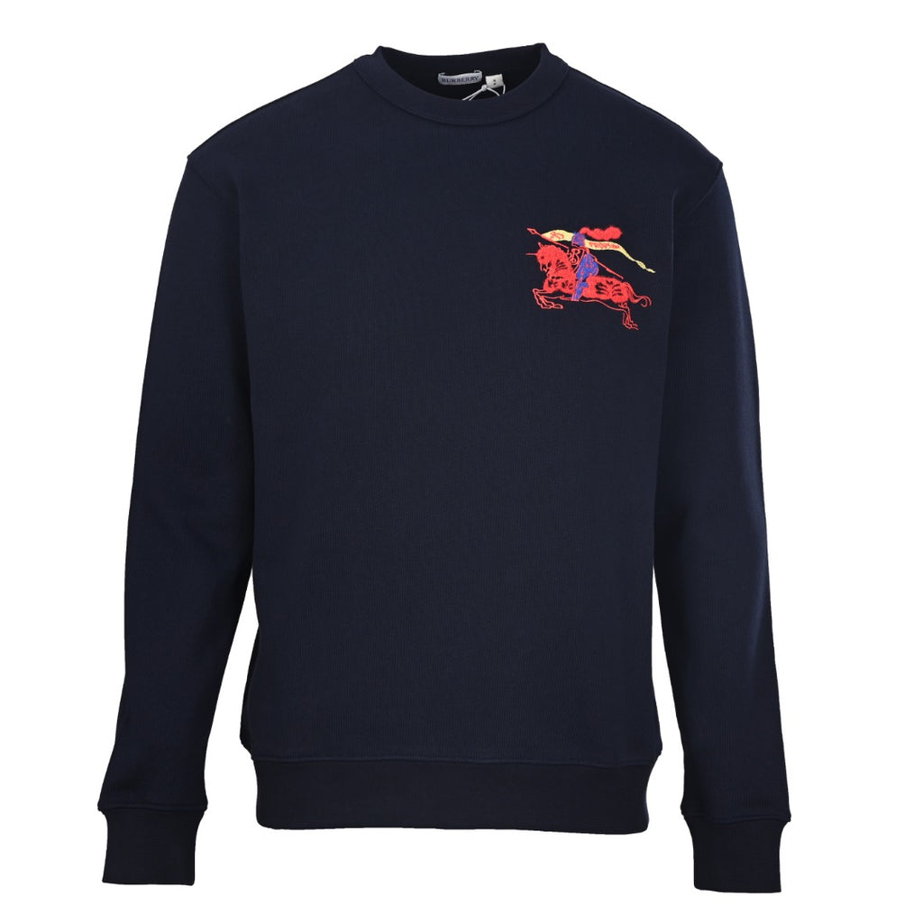 Dark navy crewneck long-sleeve sweatshirt with red and blue embroidered emblem on chest