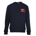 Dark navy crewneck long-sleeve sweatshirt with red and blue embroidered emblem on chest