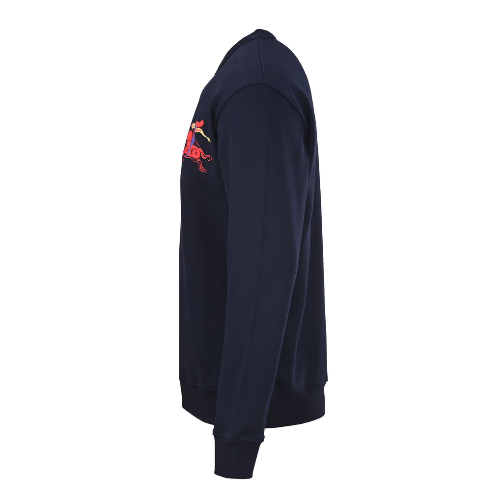 Dark navy long-sleeve sweatshirt with red and blue side chest embroidery, shown from side