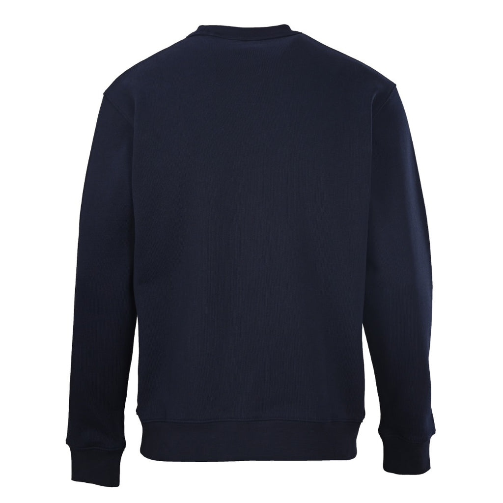 Dark navy crewneck long-sleeve sweatshirt, back view with ribbed cuffs and hem