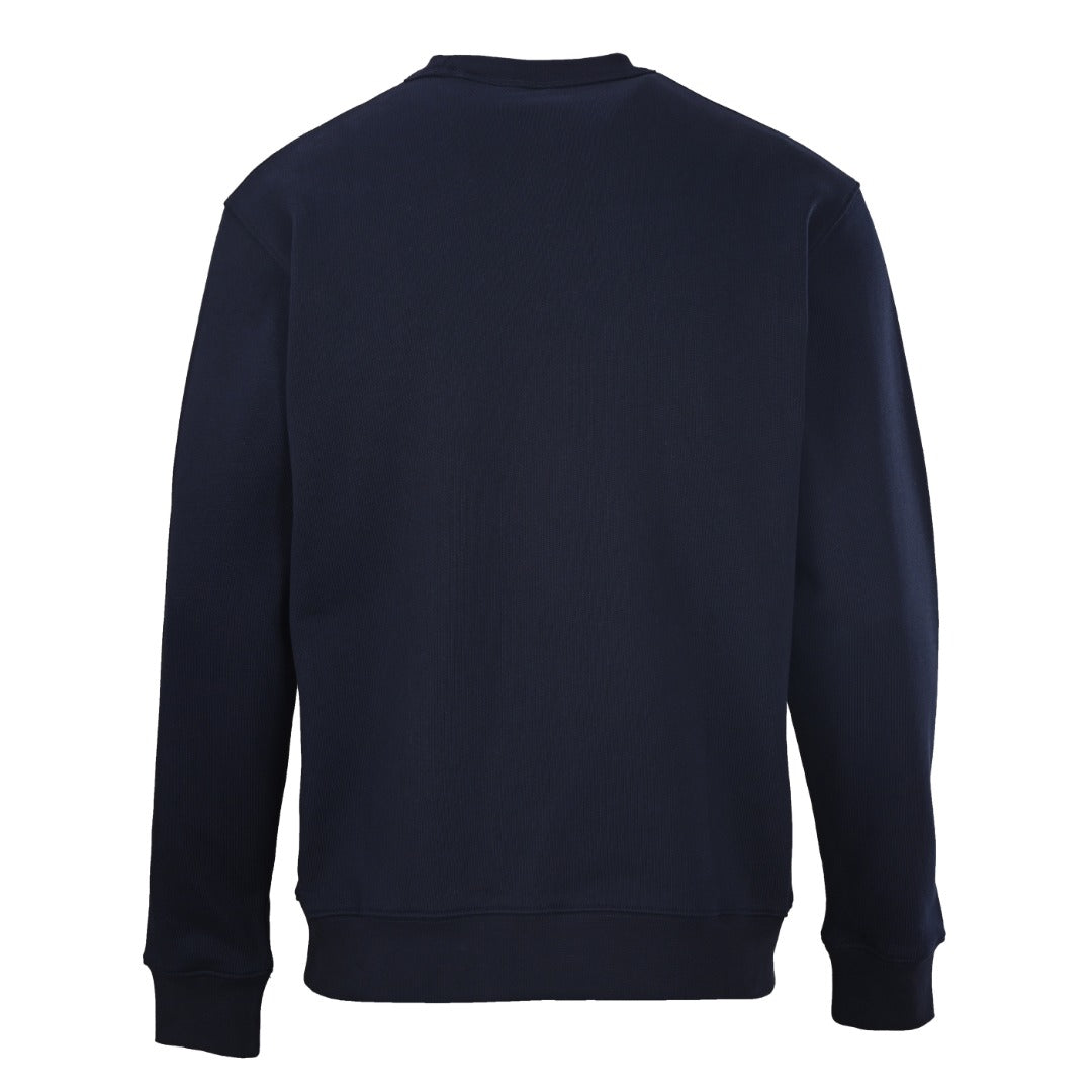 Dark navy crewneck long-sleeve sweatshirt, back view with ribbed cuffs and hem
