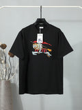 Black short-sleeve T-shirt with colorful horse-and-rider graphic at chest.