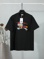 Black short-sleeve T-shirt with colorful horse-and-rider graphic at chest.