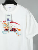 White crewneck T-shirt with embroidered multicolor racing horse graphic
