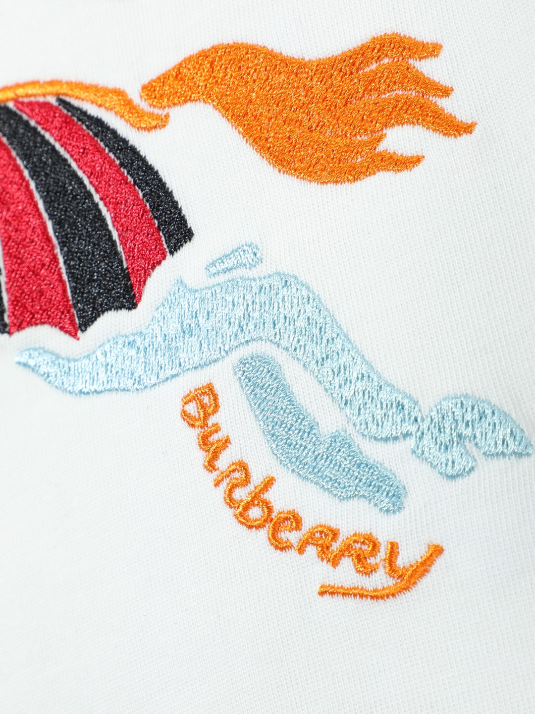 White T-shirt embroidery close-up of orange horse and blue wave
