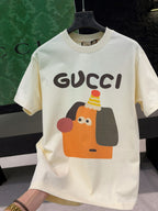 Cream short-sleeve T-shirt with Gucci logo and cartoon face holding a cone