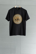 Black T-shirt with gold Versace-style medallion graphic on the chest