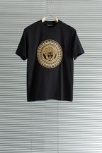 Black T-shirt with gold medallion face graphic
