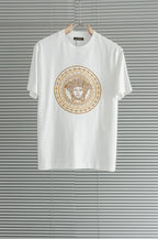 White crew-neck T-shirt with gold Medusa medallion front graphic