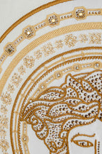 Gold ornate Medusa face detail on white T-shirt