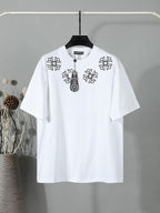 White short-sleeve T-shirt with black flower and charm graphic on the chest