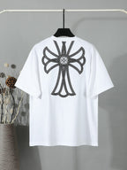 White short-sleeve T-shirt with large back angel/flower embroidery graphic