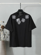 Black short-sleeve T-shirt with white floral crest embroidery on the chest