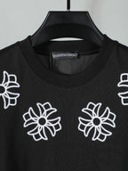 Black short-sleeve T-shirt with scattered white flower embroidery on the front