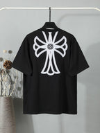 Black short-sleeve T-shirt with large white back floral graphic centered