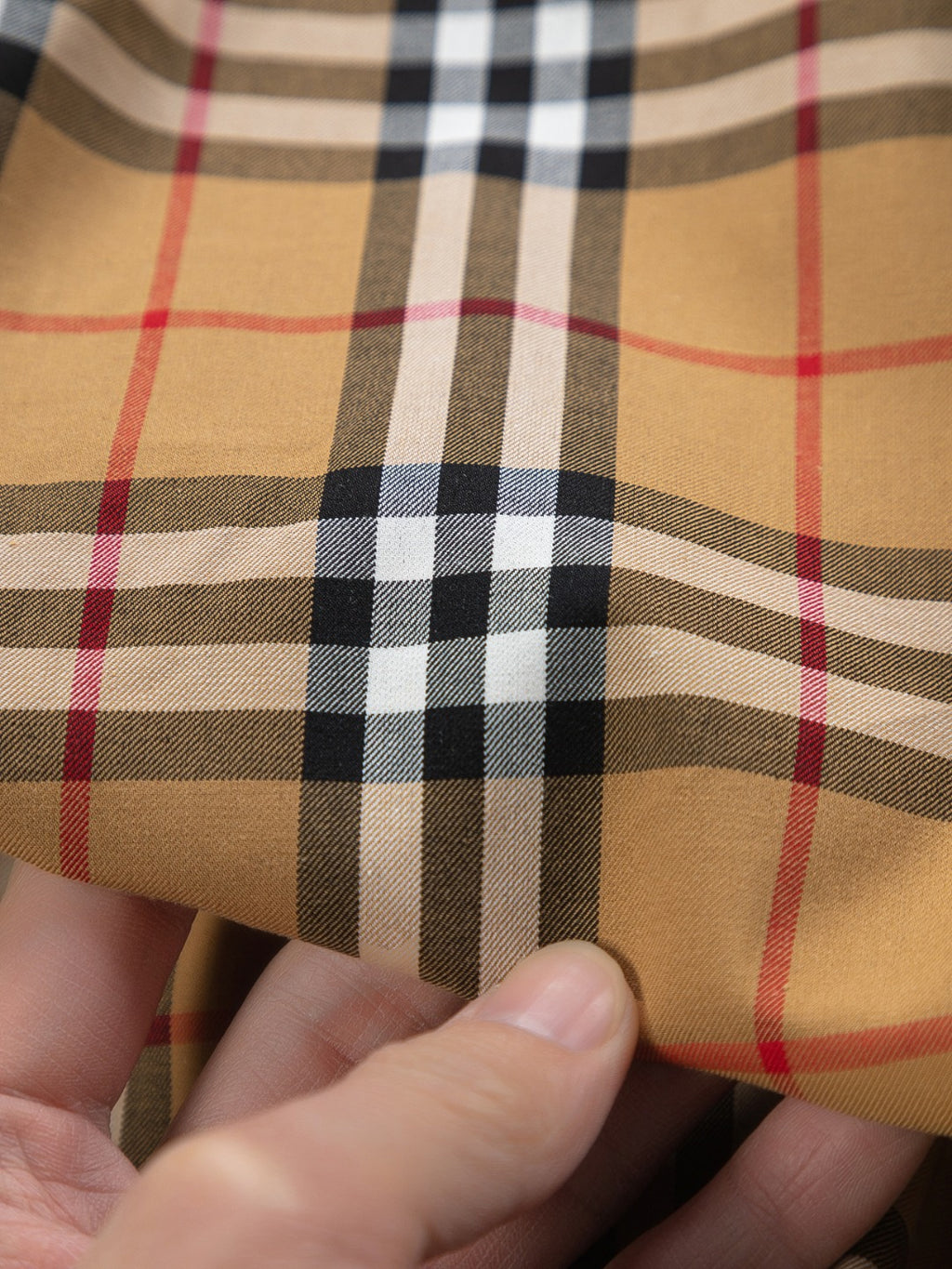 Plaid fabric close-up in tan, black, white, and red grid pattern