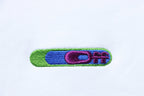 Off-white sweatshirt chest graphic in green, blue, and purple