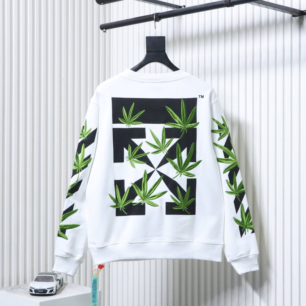 Off-white sweatshirt with large back cannabis-leaf graphic and black squares
