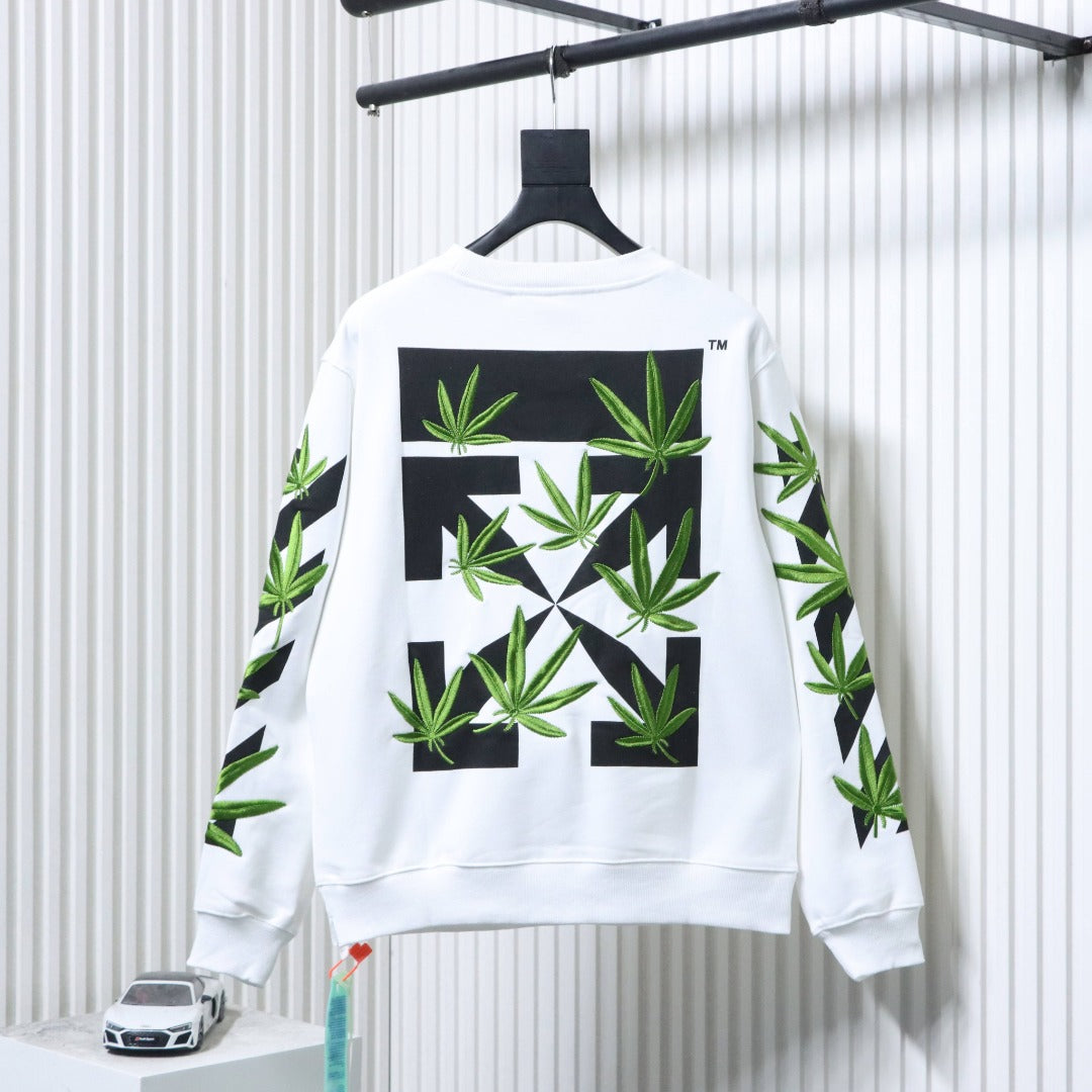 Off-white sweatshirt with large back cannabis-leaf graphic and black squares