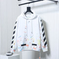 Off White hoodie in off-white with colorful paint splatter and black stripe sleeves