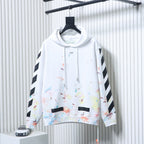 Off White hoodie in off-white with colorful paint splatter and black stripe sleeves