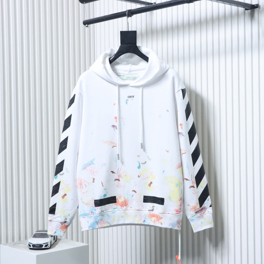 Off White hoodie in off-white with colorful paint splatter and black stripe sleeves